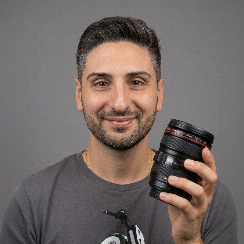 Gianluigi Mango, founder of GM Media, holding a camera lens