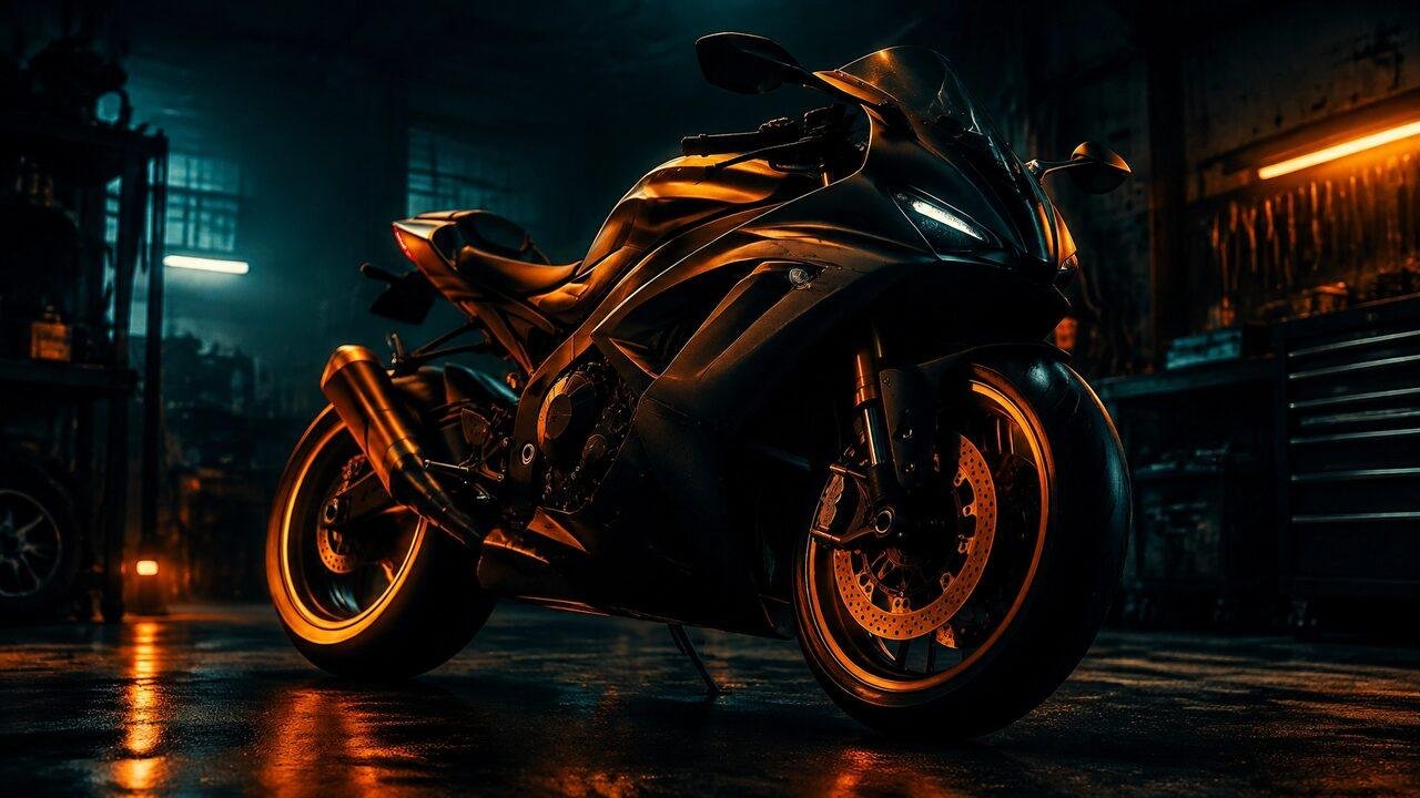 Motorcycle in a dark workshop lit with amber rim light