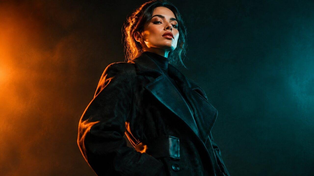 Model in a bold dark outfit with dramatic amber rim lighting