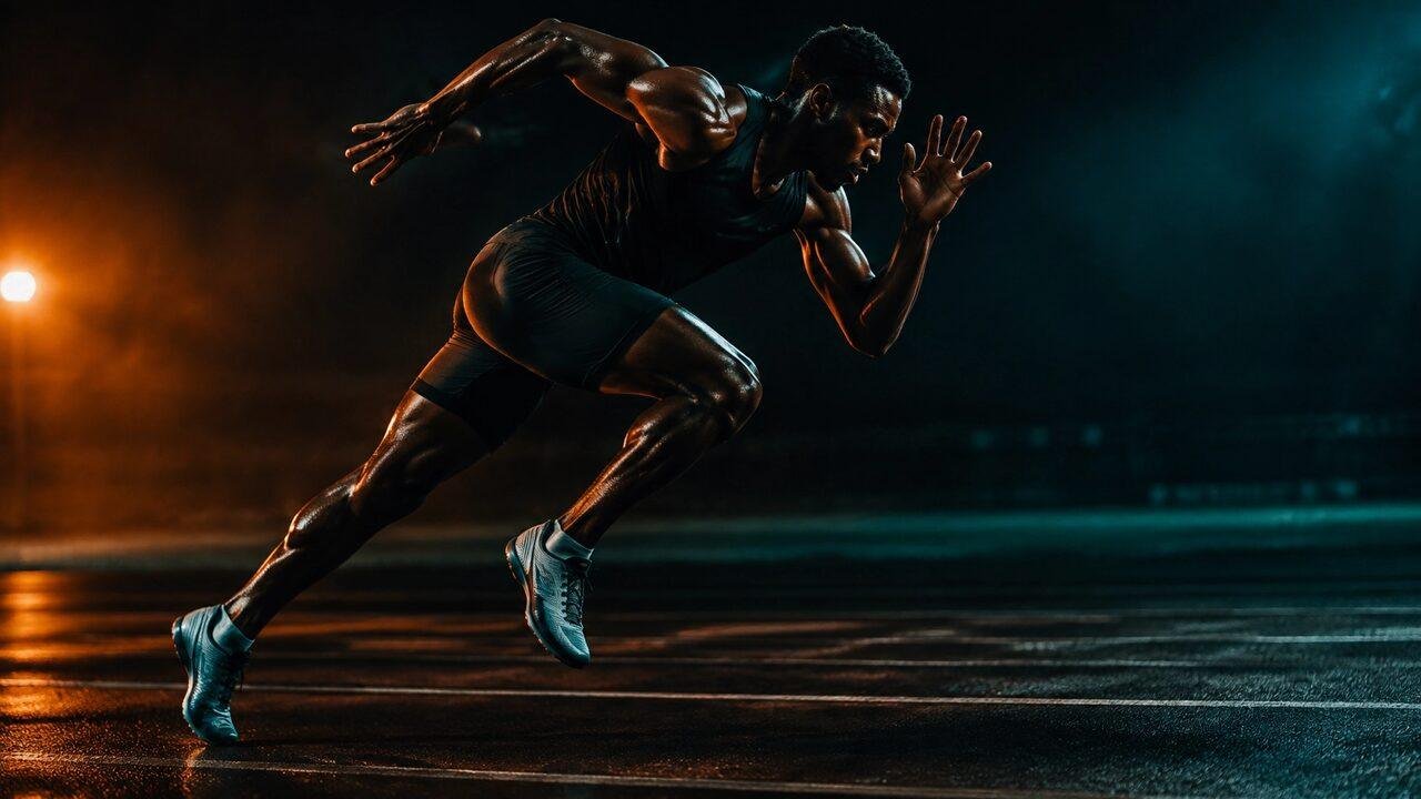 Athlete sprinting at night with amber rim lighting